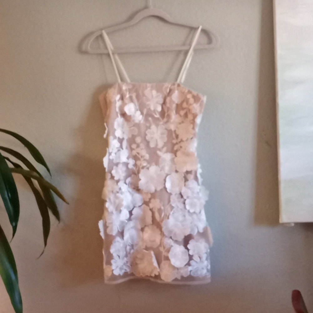 Storia 3D Floral Applique White Lace Nude Sheer Bohemian Cottagecore Dress S - Picture 2 of 5